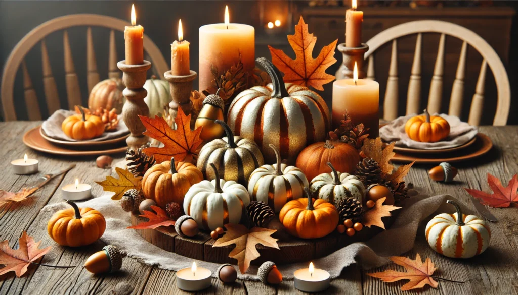 An image of a DIY Thanksgiving pumpkin centerpiece, designed to add a festive touch to any table. It features a mix of mini pumpkins, autumn leaves, and candles, arranged to create a warm and cozy autumn atmosphere.