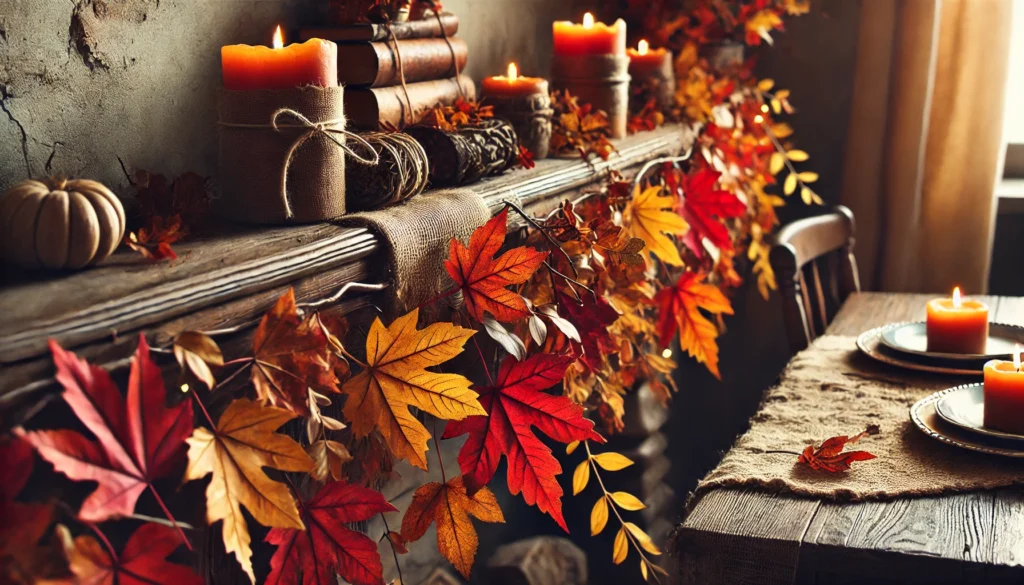 An image of a DIY fall leaf garland, showcasing vibrant autumn leaves in shades of red, orange, and yellow. The garland is draped across a rustic surface, creating a cozy, nature-inspired atmosphere indoors.