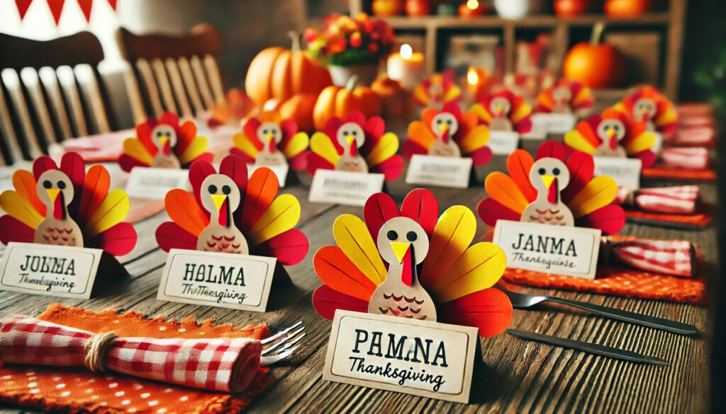 An image of the DIY turkey place cards, each one personalized with vibrant feathers and hand-written names. The festive setting, complete with pumpkins and fall elements, creates a welcoming atmosphere for your Thanksgiving gathering.