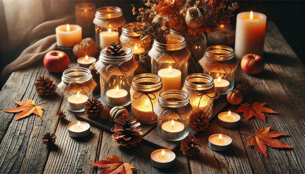 An image of the cozy DIY mason jar candle holders, designed to create a warm and inviting ambiance. The soft candlelight and fall elements like pinecones and autumn leaves add a perfect touch of autumn charm.