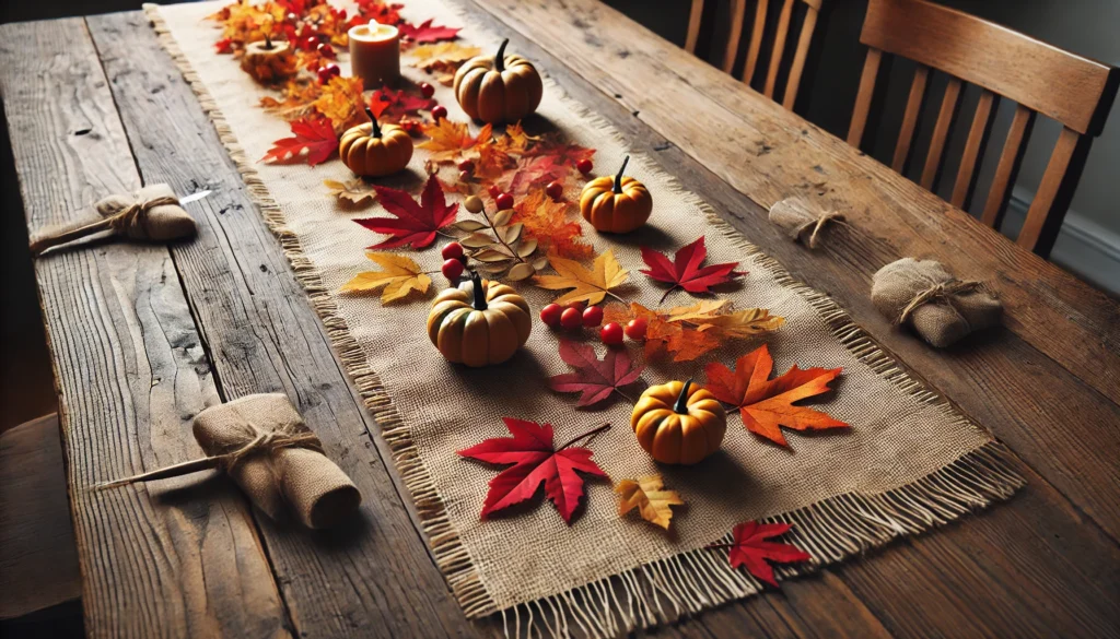 An image of the DIY Thanksgiving decorations table runner made from burlap, decorated with fall leaves and small pumpkins. This simple yet elegant craft adds a rustic touch to your Thanksgiving table.