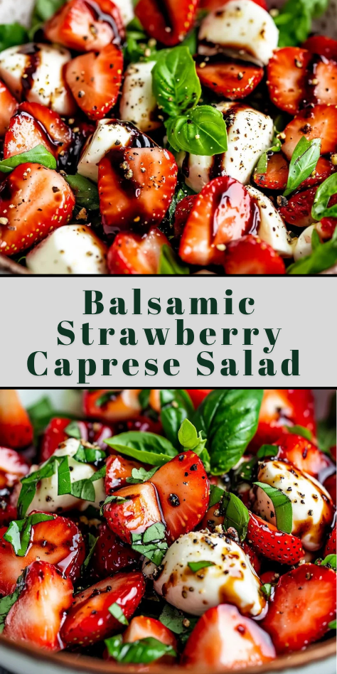 Balsamic Strawberry Caprese Salad on white platter with sliced strawberries, fresh mozzarella, basil leaves and balsamic glaze drizzle