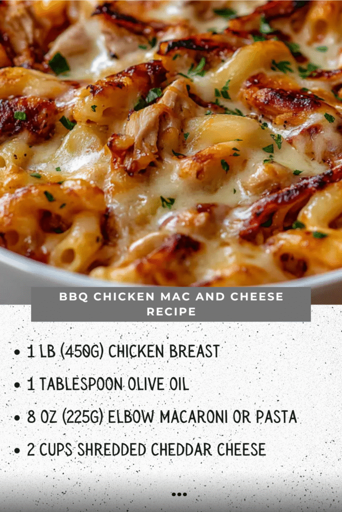 BBQ Chicken Mac and Cheese in a white bowl with melted cheese and shredded chicken, garnished with fresh parsley