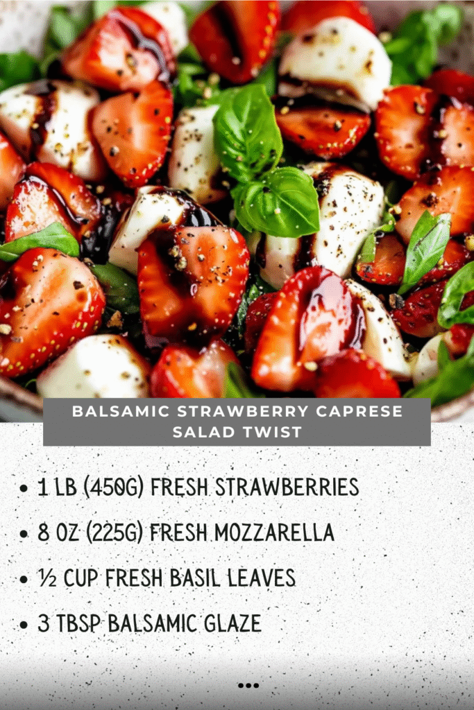 Balsamic Strawberry Caprese Salad on white platter with sliced strawberries, fresh mozzarella, basil leaves and balsamic glaze drizzle