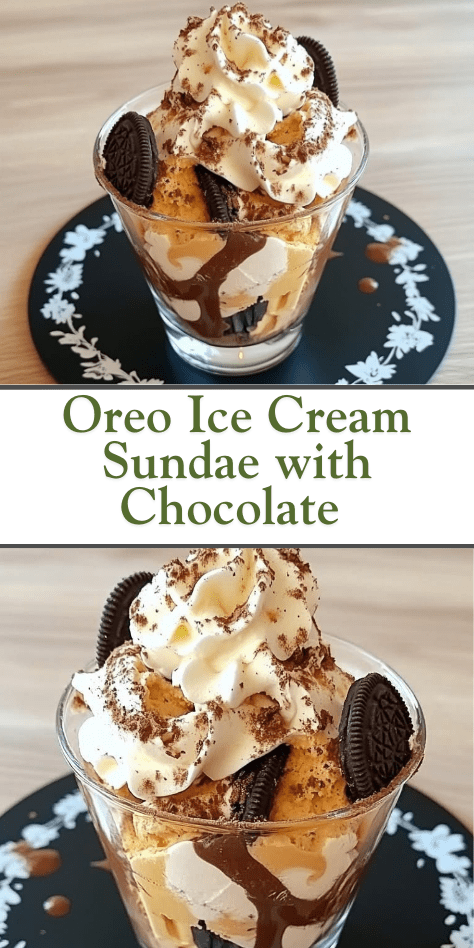 oreo ice cream sundae with chocolate sauce and whipped cream in a dessert glass