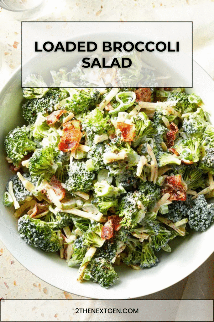 A bowl of loaded broccoli salad with cheddar, bacon, scallions, and creamy dressing, ready to serve.