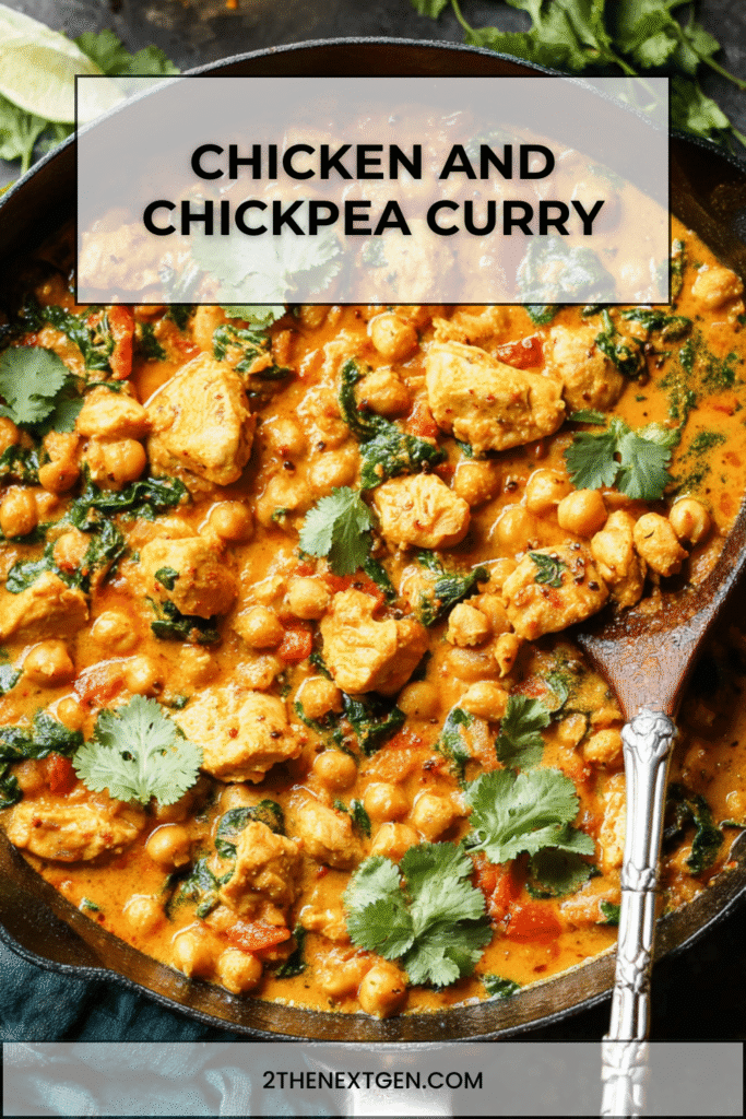 A bowl of chicken and chickpea curry garnished with fresh cilantro, served with fluffy rice.