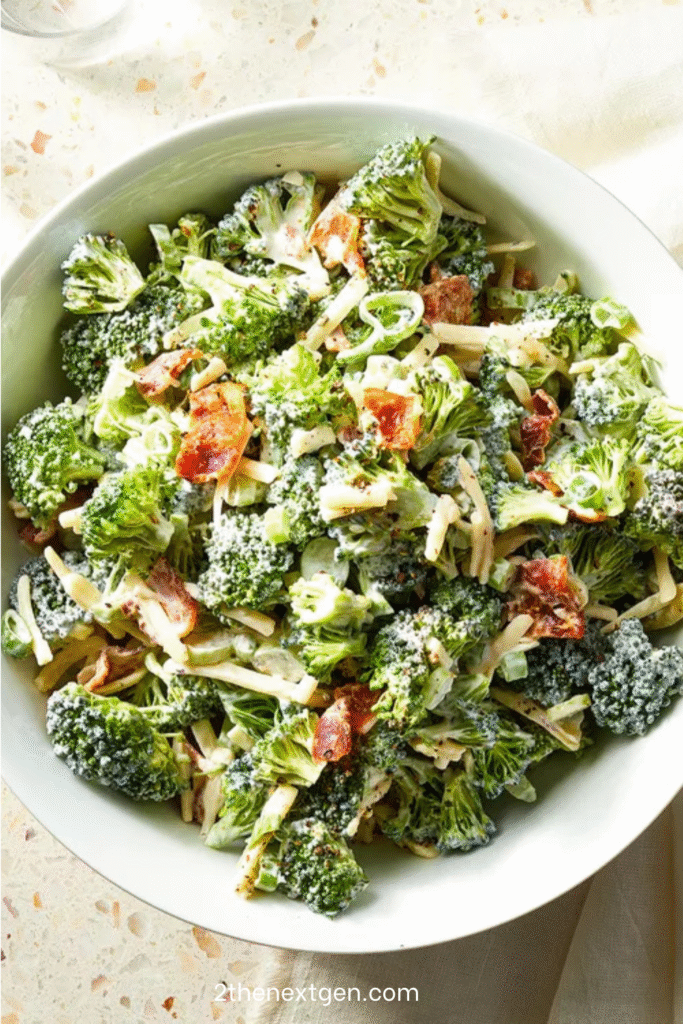 A bowl of loaded broccoli salad with cheddar, bacon, scallions, and creamy dressing, ready to serve.
