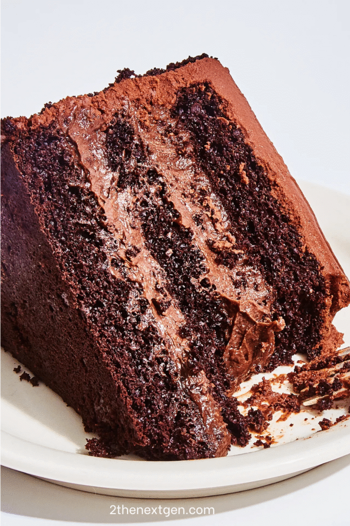 A tall slice of Brooklyn Blackout Cake showing moist chocolate layers, pudding filling, and chocolate crumb coating.