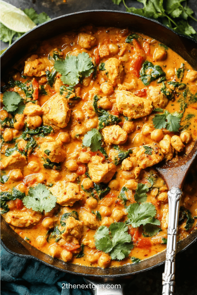 A bowl of chicken and chickpea curry garnished with fresh cilantro, served with fluffy rice.