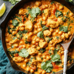 A bowl of chicken and chickpea curry garnished with fresh cilantro, served with fluffy rice.