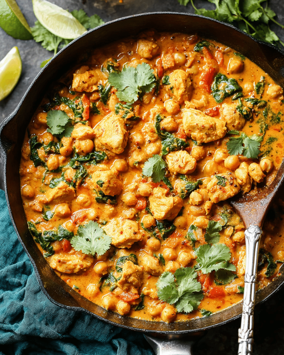 A bowl of chicken and chickpea curry garnished with fresh cilantro, served with fluffy rice.