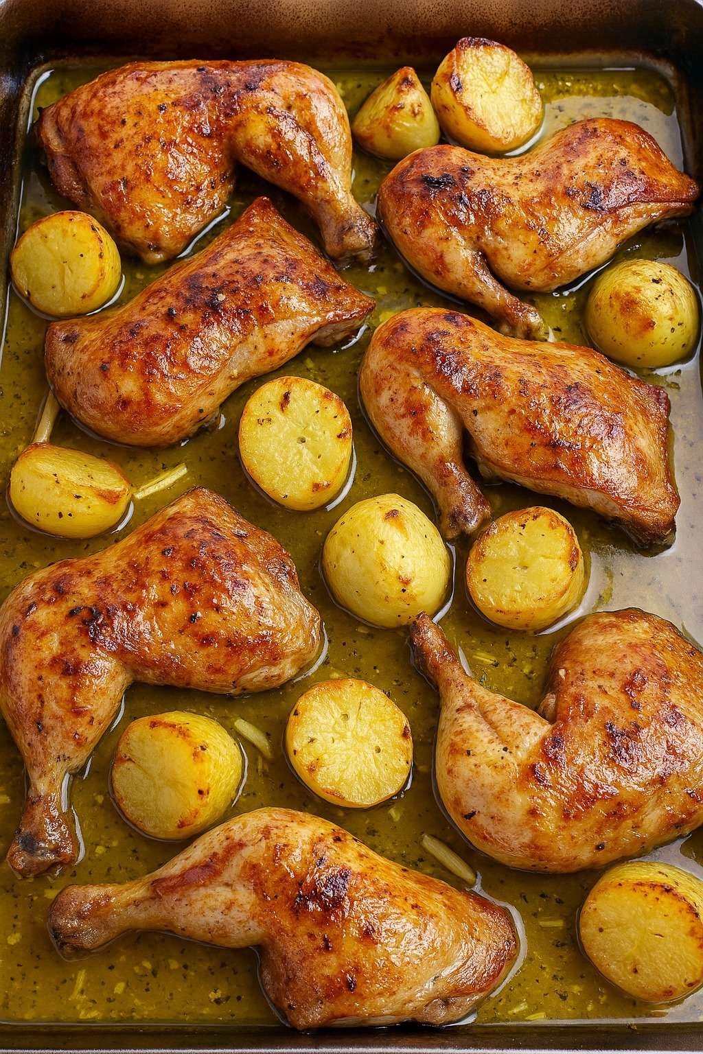 garlic roasted chicken and potatoes in a baking dish