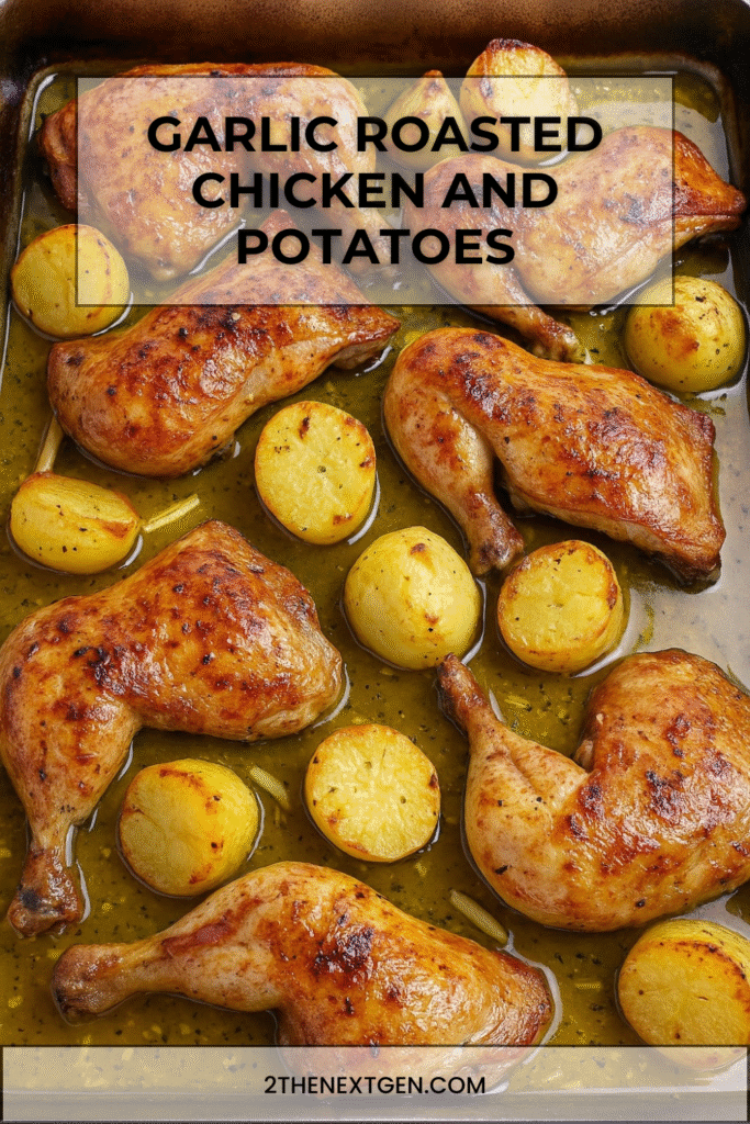 garlic roasted chicken and potatoes in a baking dish
