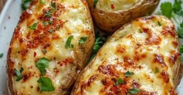 Golden twice-baked potatoes filled with creamy mashed potato, melted cheese and herbs, served hot on a baking tray.