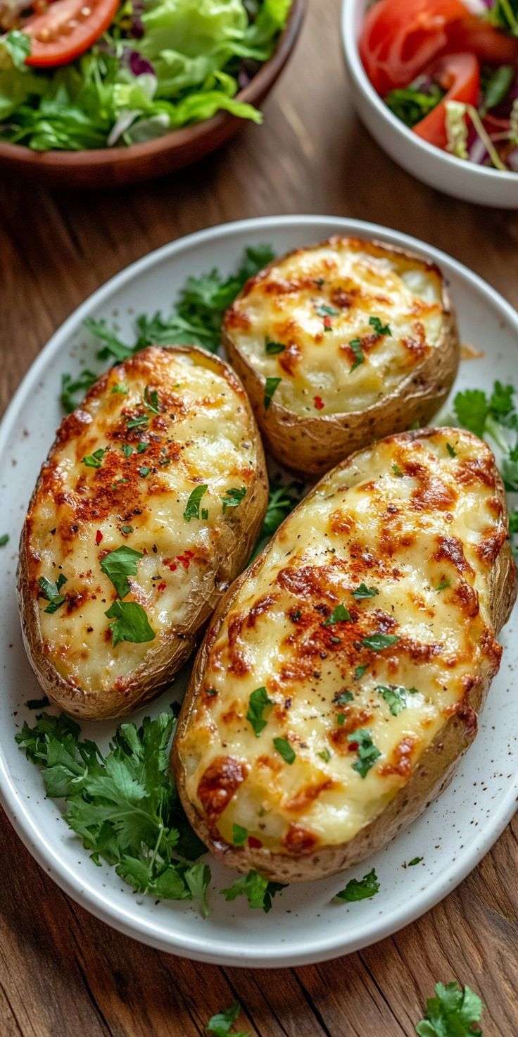 Golden twice-baked potatoes filled with creamy mashed potato, melted cheese and herbs, served hot on a baking tray.