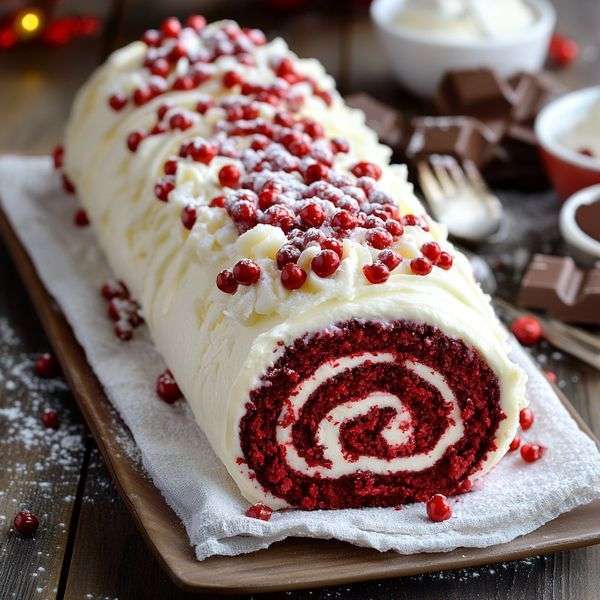 A sliced red velvet cake roll filled with smooth cream cheese frosting and garnished with fresh red berries and powdered sugar.