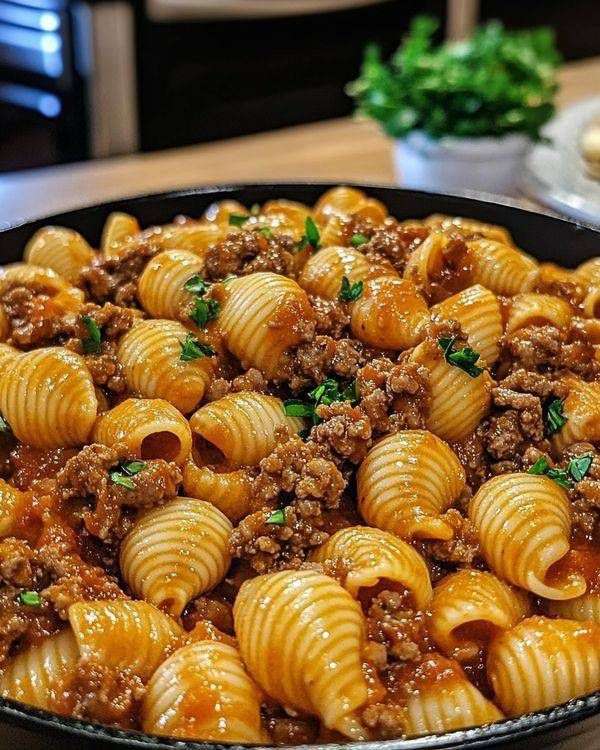 Creamy beef and shells pasta served in a bowl with ground beef, tender shell pasta, tomato cream sauce and melted cheese.