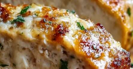 Sliced garlic Parmesan chicken meatloaf topped with melted cheese, showing a juicy and tender texture with herbs and golden crust.