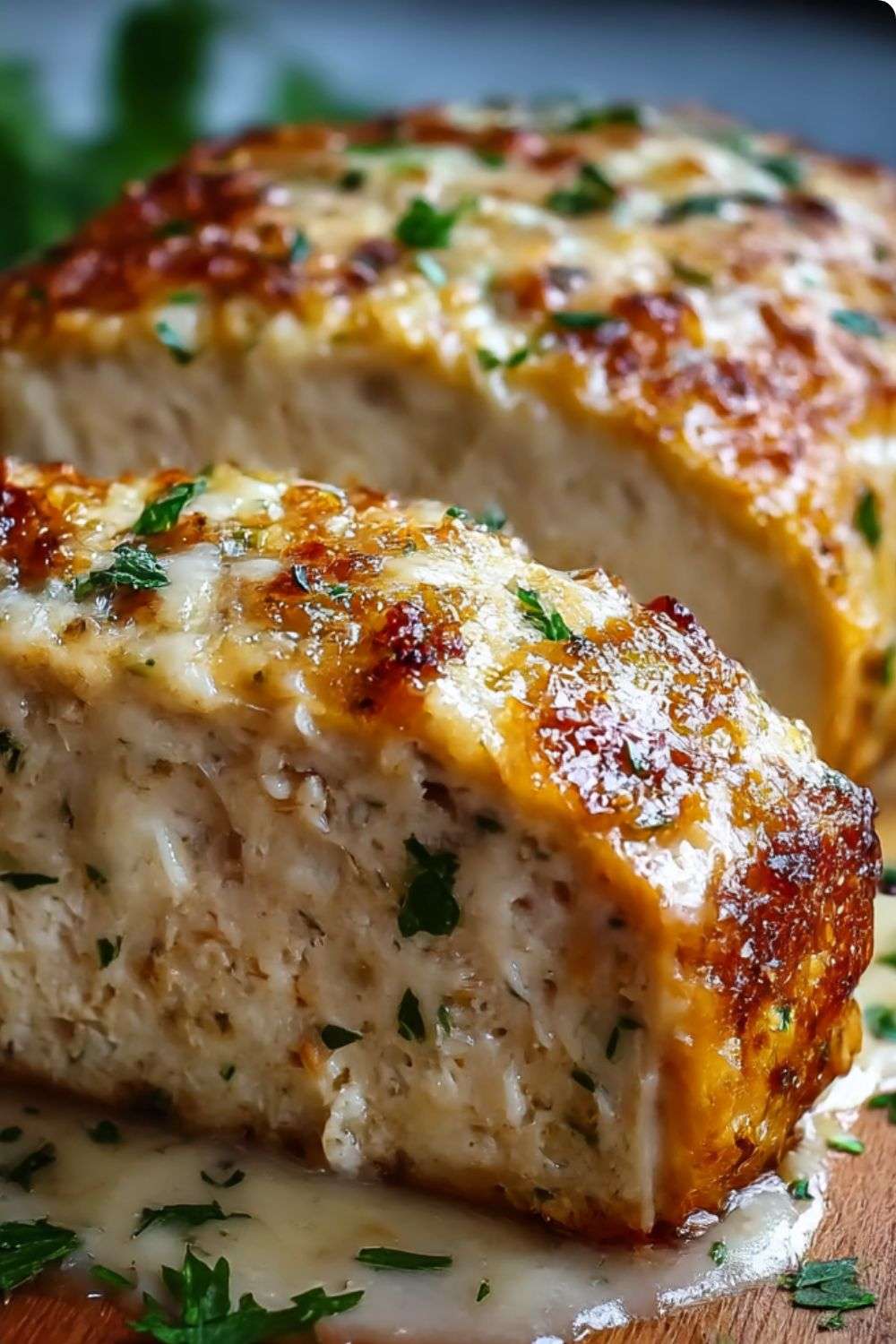 Sliced garlic Parmesan chicken meatloaf topped with melted cheese, showing a juicy and tender texture with herbs and golden crust.