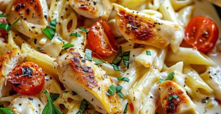 Creamy chicken penne pasta mixed with spinach, cherry tomatoes and Parmesan in a skillet, garnished with fresh basil and parsley.