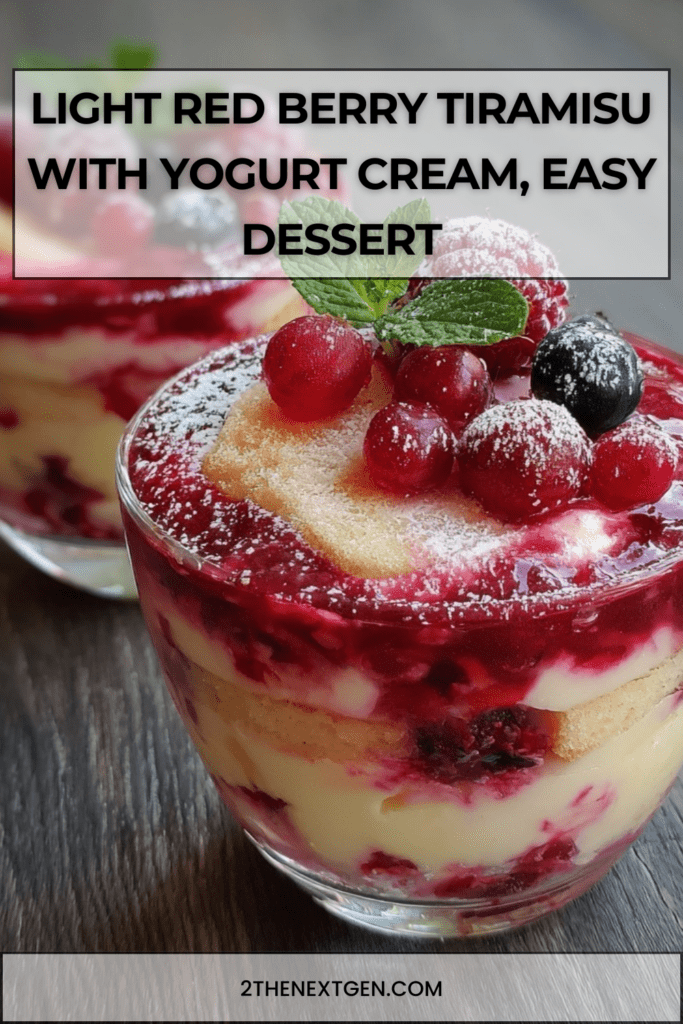 A glass jar filled with layers of light yogurt cream, soaked ladyfinger biscuits and mixed red berries, topped with fresh fruit for a refreshing berry tiramisu.
