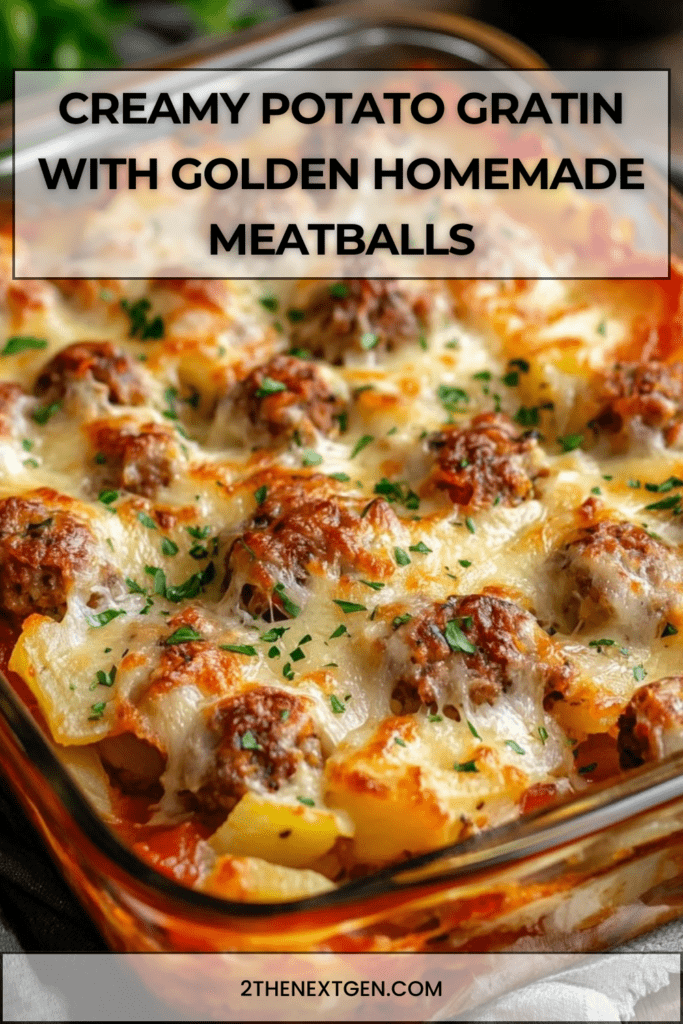 A slice of potato gratin layered with golden meatballs, creamy sauce and melted cheese served in a rustic baking dish.