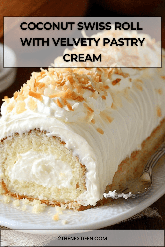 A soft coconut Swiss roll filled with creamy coconut pastry cream. Light, tropical and perfect for celebrations or afternoon tea.