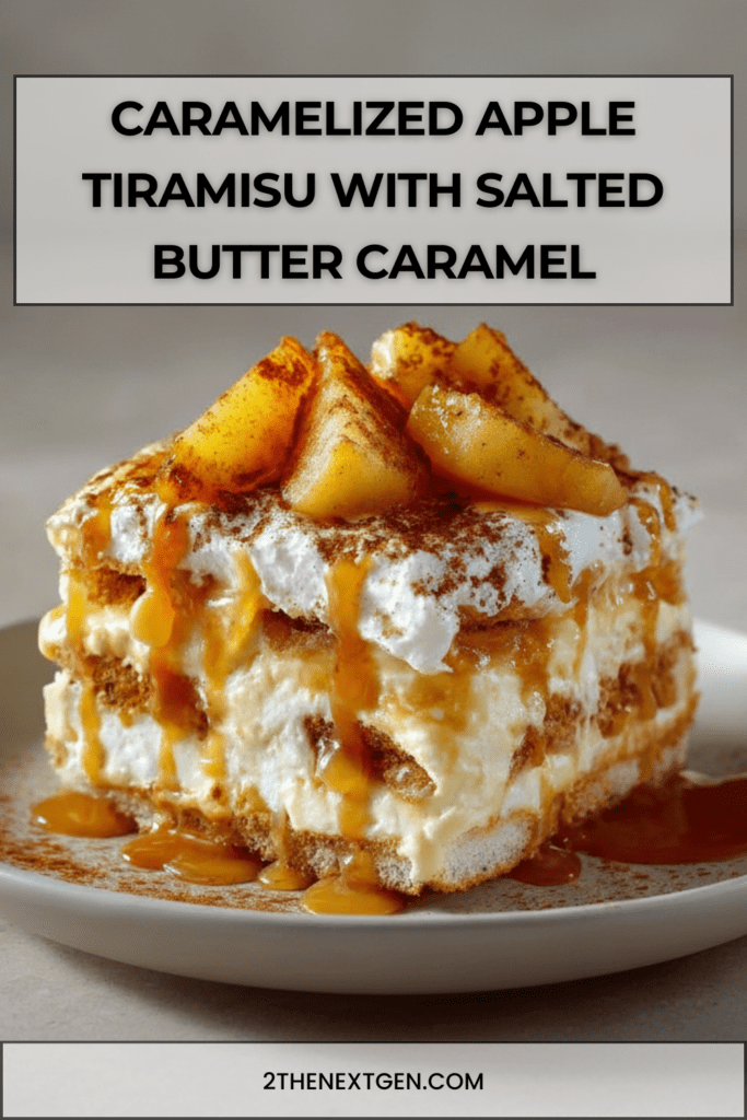 A glass dessert layered with caramelized apples, mascarpone cream and soaked ladyfingers, topped with salted butter caramel and cocoa powder.