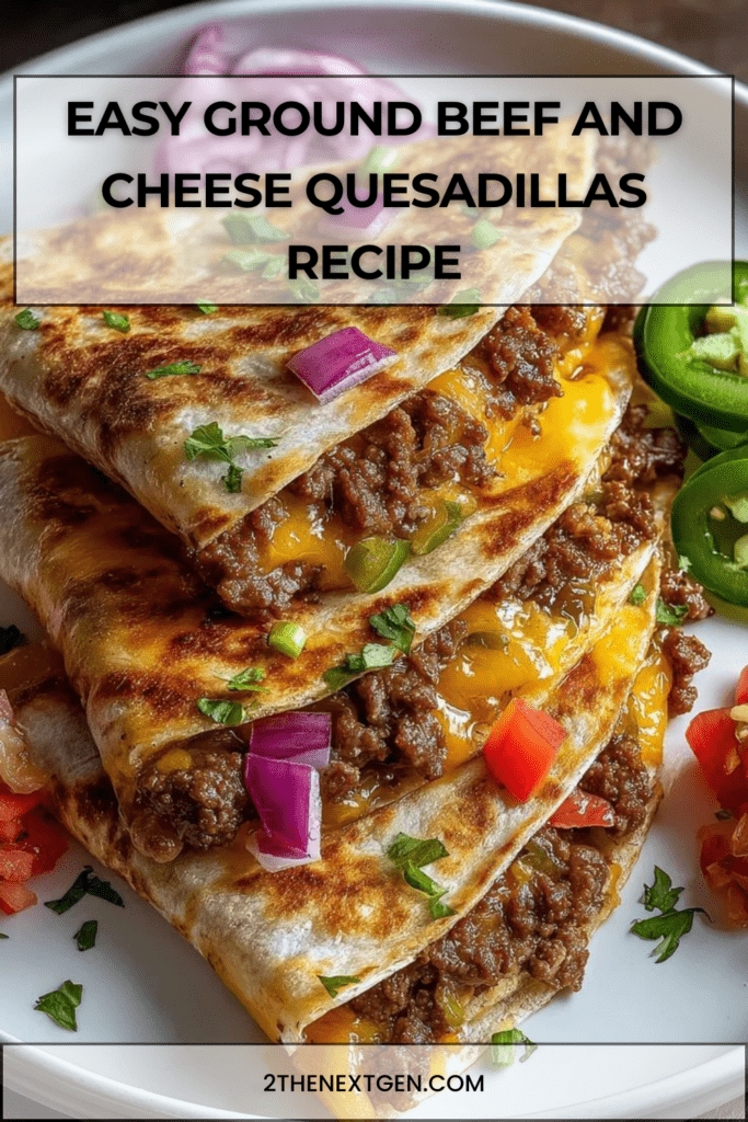 Crispy ground beef and cheese quesadillas sliced into wedges, served with sour cream, guacamole and salsa on the side.
