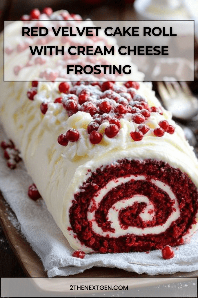 A sliced red velvet cake roll filled with smooth cream cheese frosting and garnished with fresh red berries and powdered sugar.
