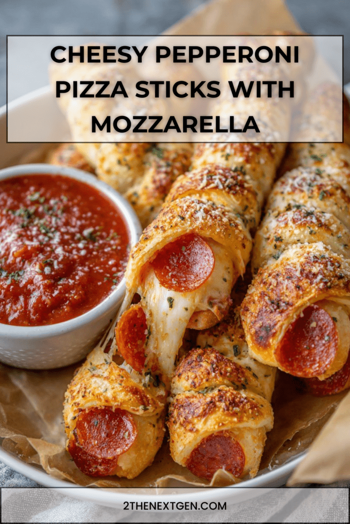 Golden baked cheesy pepperoni pizza sticks filled with melted mozzarella, brushed with garlic butter and served with marinara sauce.