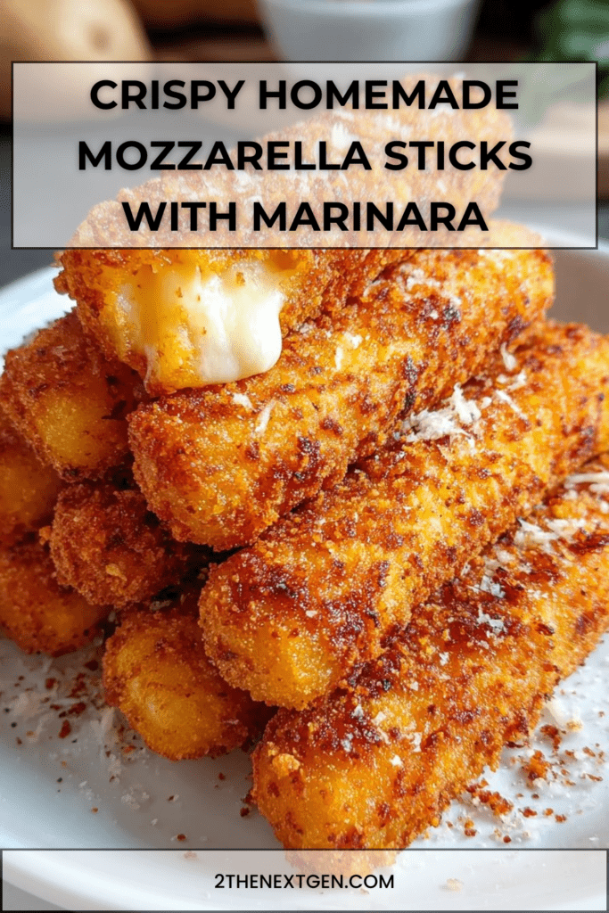 Golden homemade mozzarella sticks with a crispy breadcrumb coating, served hot with marinara sauce for dipping.