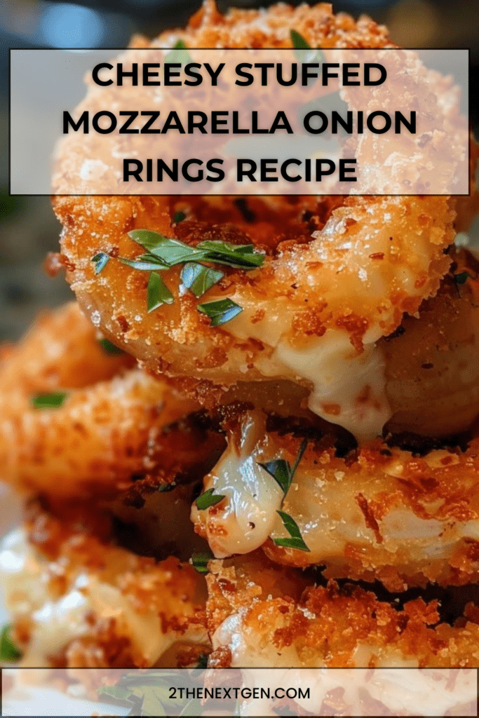Crispy cheesy stuffed mozzarella onion rings with a golden coating and gooey center.