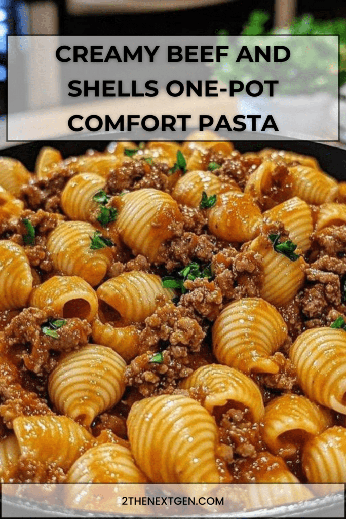 Creamy beef and shells pasta served in a bowl with ground beef, tender shell pasta, tomato cream sauce and melted cheese.