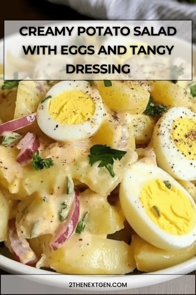 A bowl of creamy potato salad mixed with sliced potatoes, hard-boiled eggs, tomato, red onion and parsley, drizzled with homemade mayonnaise dressing.
