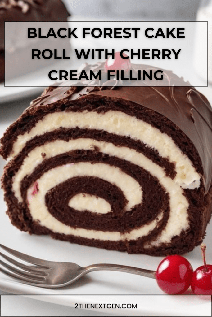 Black Forest cake roll with chocolate sponge, cherry cream cheese filling and glossy chocolate ganache, topped with whole cherries.