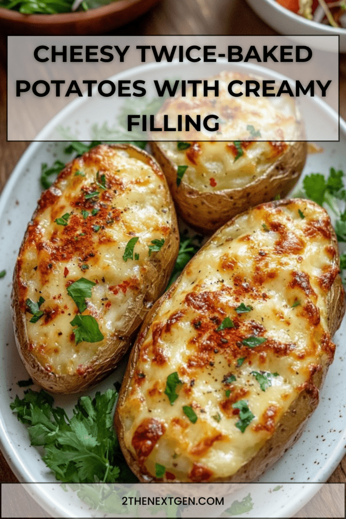 Golden twice-baked potatoes filled with creamy mashed potato, melted cheese and herbs, served hot on a baking tray.
