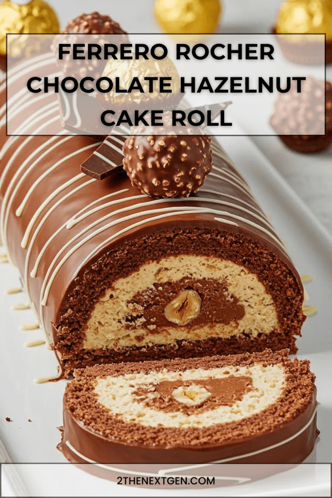 Ferrero Rocher chocolate hazelnut cake roll with cocoa sponge, Nutella cream filling, chocolate ganache and hazelnut decoration.