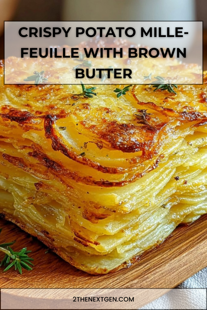 Crispy potato mille-feuille layered with thin potato slices, brown butter and thyme, baked until golden and perfectly crisp.