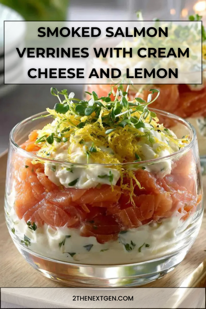 Smoked salmon verrines layered with cream cheese, preserved lemon zest and fresh microgreens served in clear glasses.