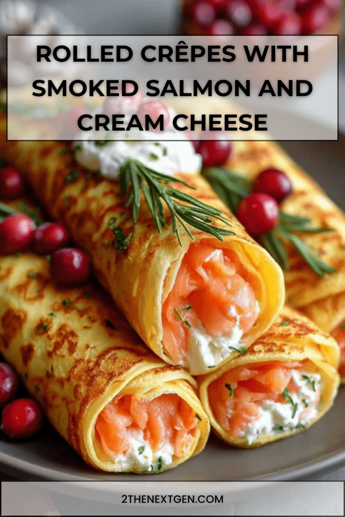 Rolled crêpes filled with smoked salmon and cream cheese, garnished with fresh dill and cranberries, served neatly on a plate.