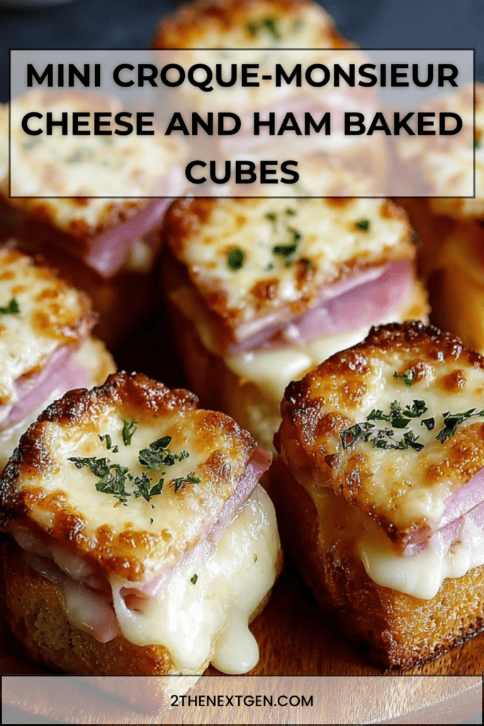 Small golden mini Croque-Monsieur cubes made from layered bread, ham and melted cheese, topped with gratin cheese and parsley on a baking tray.