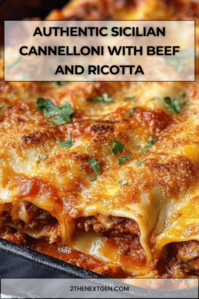 Baked Sicilian-style cannelloni filled with beef, ricotta and herbs, topped with melted mozzarella and Parmesan in a rich tomato sauce.