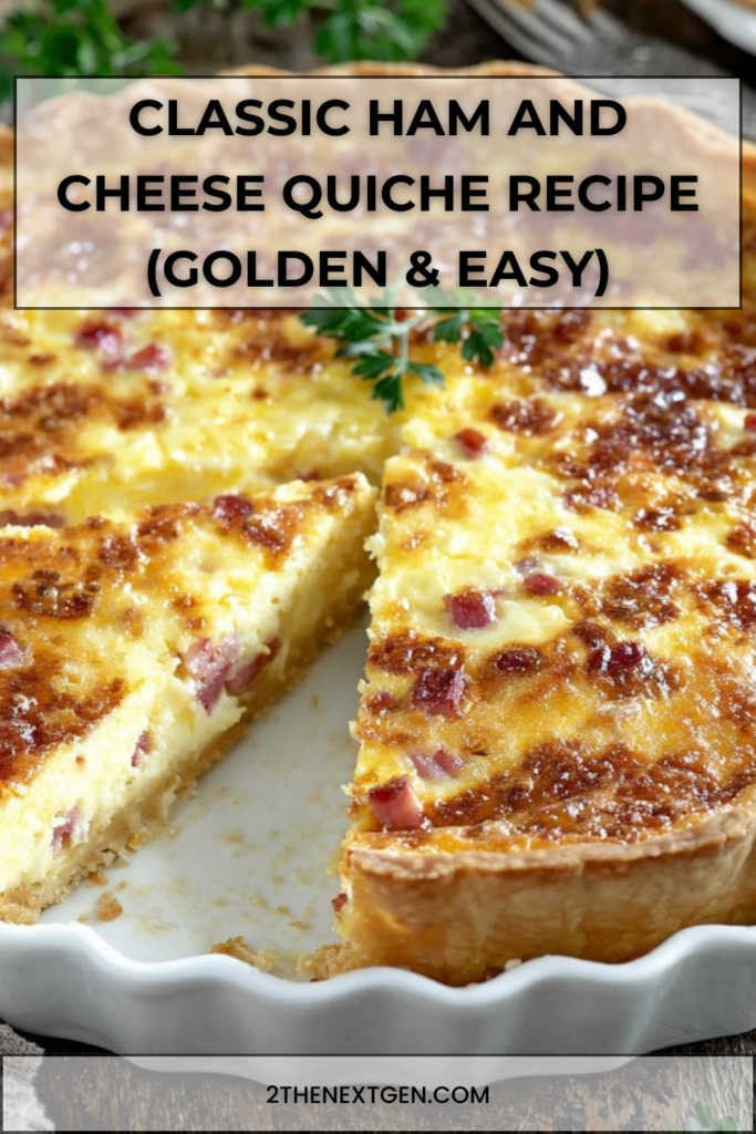 A golden baked classic ham and cheese quiche in a tart tin with a flaky shortcrust pastry, creamy egg custard and melted cheese slices on top.