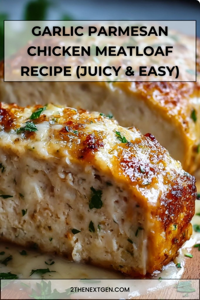Sliced garlic Parmesan chicken meatloaf topped with melted cheese, showing a juicy and tender texture with herbs and golden crust.