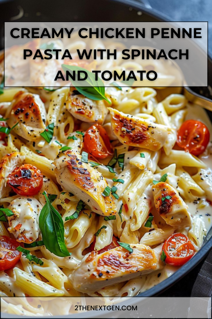 Creamy chicken penne pasta mixed with spinach, cherry tomatoes and Parmesan in a skillet, garnished with fresh basil and parsley.