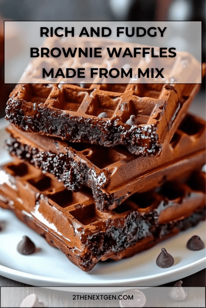 Close-up of rich chocolate brownie waffles stacked on a plate and topped with chocolate chips and powdered sugar.
