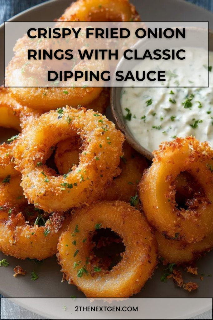 Golden crispy fried onion rings stacked on a plate beside a bowl of creamy dipping sauce with paprika and herbs.