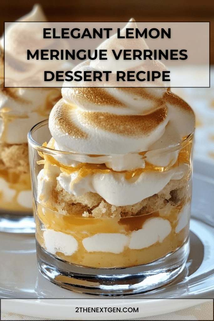 Glass lemon meringue verrines filled with layered lemon cream and crumbled biscuits, topped with piped golden-brown meringue.